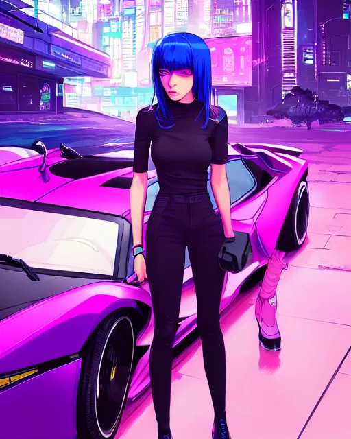 Image similar to digital illustration of cyberpunk pretty girl with blue hair, standing in front of a purple lamborghini, in city street at night, by makoto shinkai, ilya kuvshinov, lois van baarle, rossdraws, basquiat