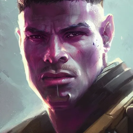 Image similar to portrait of a man by greg rutkowski, a soldier of the galactic dominion, wearing a purple colored tactical gear, star wars expanded universe, highly detailed portrait, digital painting, artstation, concept art, smooth, sharp foccus ilustration, artstation hq