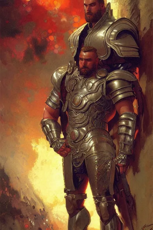 Image similar to attractive beefy male with armor, character design, colorful, cyberpunk, painting by gaston bussiere, craig mullins, j. c. leyendecker, tom of finland