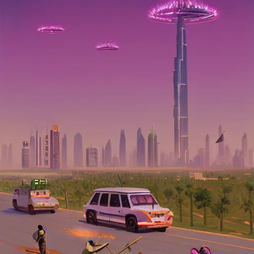 Prompt: gta : dubai, by simon stalenhag