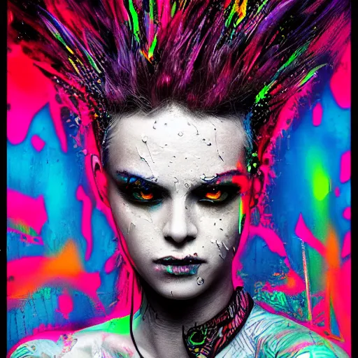 Image similar to splashes of neon, mowhawk, punk portrait made out of paint with rain in the background, trending on artstation, epic composition, emotional, beautiful, rendered in octane, highly detailed, realistic, tim burton comic book art, sharp focus, matte painting, unreal engine