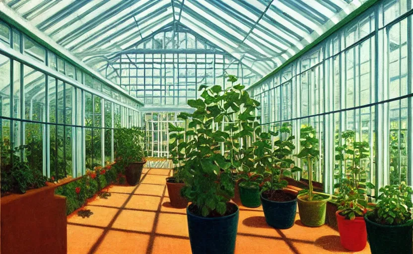 Image similar to an achingly beautiful print of the interior of a modern greenhouse, and one small potted plant by Raphael, Hopper, and Rene Magritte. detailed, romantic, enchanting, trending on artstation.