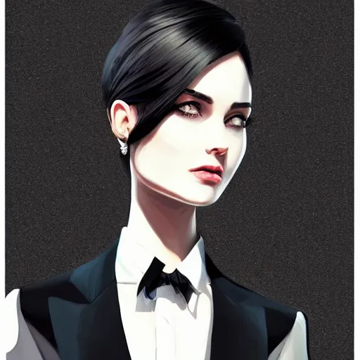 Image similar to slim girl in black tuxedo, corporate boss, luxury, 2d, ultra highly detailed, smooth, sharp focus, digital art, digital painting, fan art, elegant, artstation, by Ilya Kuvshinov