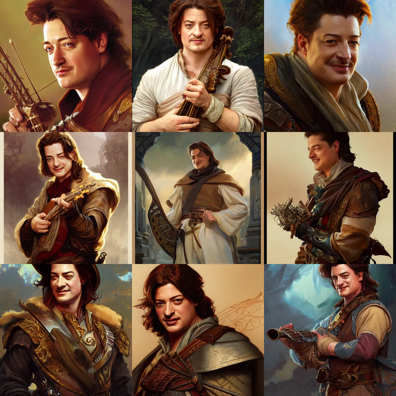 Image similar to smirking male bard, brendan fraser, portrait, D&D, fantasy, highly detailed, digital painting, artstation, concept art, sharp focus, illustration, art by artgerm and greg rutkowski and alphonse mucha