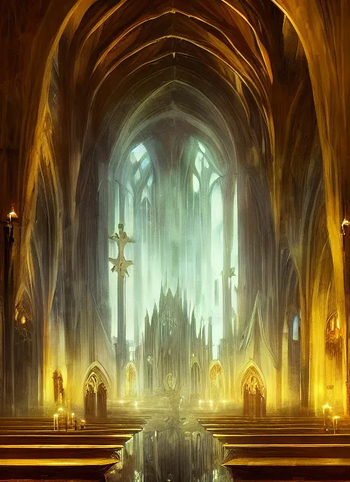 Prompt: Detailed Interior of a flooded cathedral, light of god, light shafts, candles, stunning atmosphere, in Style of Peter Mohrbacher, cinematic lighting