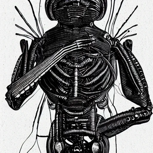 Prompt: detailed blueprint of an alien cyborg, black and white style by leonardo davinci