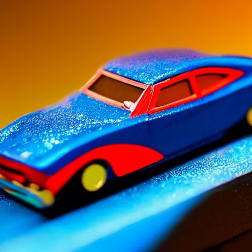 Prompt: 3 5 mm photo of metallic red and blue superman car like hot wheels model with a sky as background, epic cinematic, epic lighting