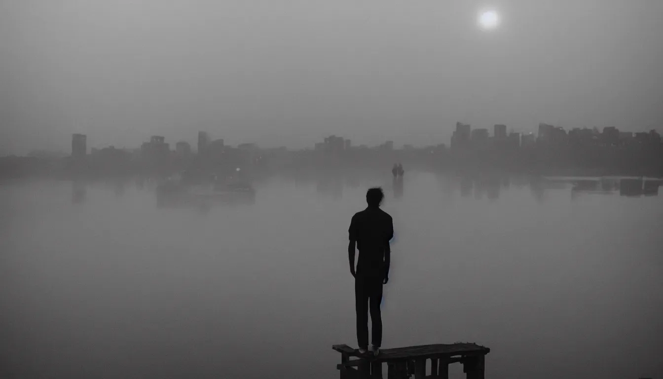 Prompt: 80s asian neon movie still with a lone man levitating over a pier by the river on early morning with city lights behind his back, Fog raising from river, Fallen angels movie still. hyperrealistic, photorealistic, high definition, medium format photography, highly detailed, tehnicolor, anamorphic 50mm lens