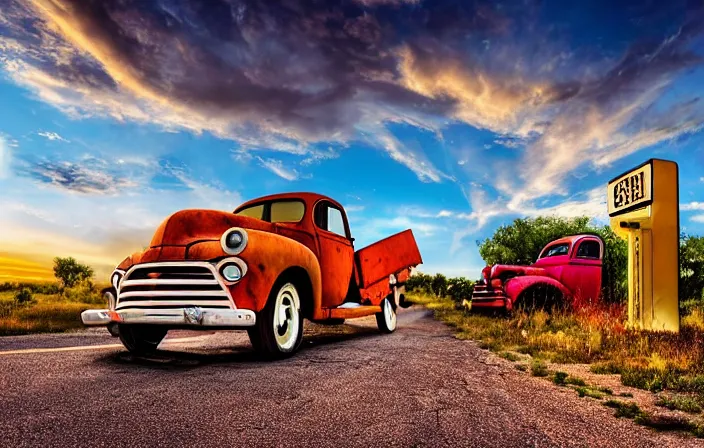 Image similar to A beautiful colorful evening scene of route66, old road with abandoned gas station and rusty old pickup truck, hyper realistic, blinding backlight evening sun, sparkling sun rays, epic scene, intense setting, evening vibe