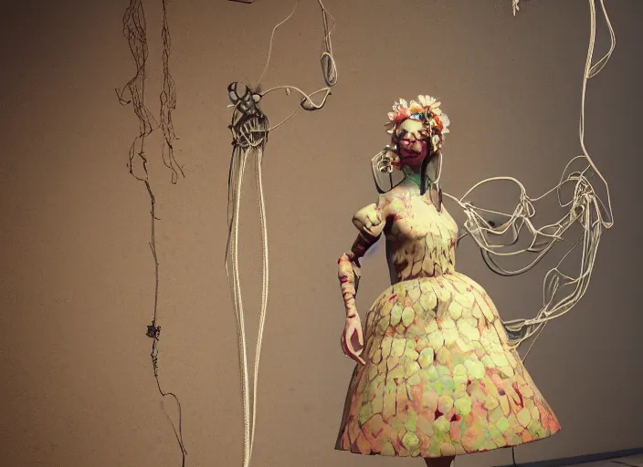 Image similar to cthulhy woman, clothes made out of flower, cables everywhere, bedroom, ultra realistic, concept art, intricate details, highly detailed, photorealistic, octane render, 8 k