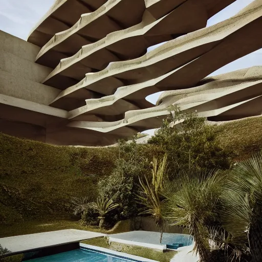 Image similar to brutalism building in the desert, biophilia mood, pool, garden, highly detailed, cinematic, photorealistic,