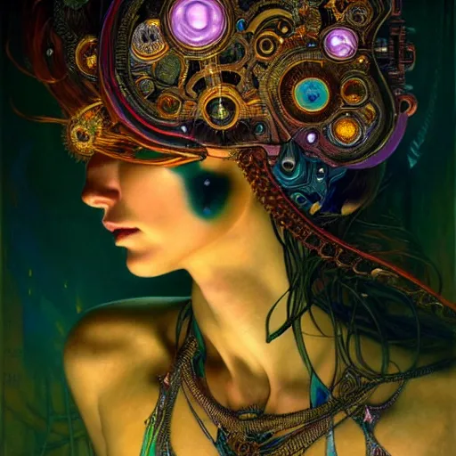 Image similar to extremely psychedelic beautiful cyborg queen of lsd. intricate, elegant, highly detailed, extremely lifelike photorealistic digital painting, artstation. steichen, gaston bussiere, tom bagshaw, cyberpunk alphonse mucha. dark pallet, melancholy. anatomically correct in every way. sultry. sharp focus. soft light. very very lifelike