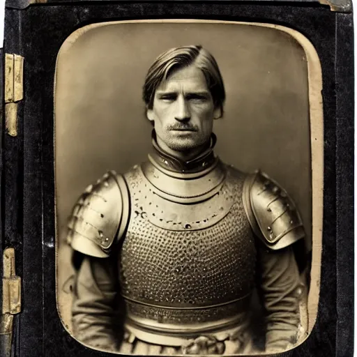 Image similar to tintype photo of jaime lannister, wearing armor, by julia margaret cameron 1 8 8 0 s, realistic, body shot, sharp focus, 8 k high definition, insanely detailed, intricate, elegant