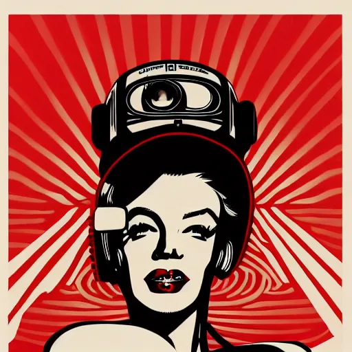 Prompt: Illustrated by Shepard Fairey and H.R. Geiger | Cyberpunk Marilyn Monroe with VR helmet, surrounded by cables