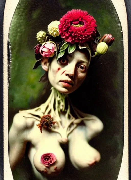 Image similar to beautiful and detailed rotten woman made of plants and many types of stylized flowers like carnation, chrysanthemum, roses and tulips, intricate, surreal, vladimir volegov, john constable, guy denning, gustave courbet, caravaggio, romero ressendi, 1 9 1 0 polaroid photo