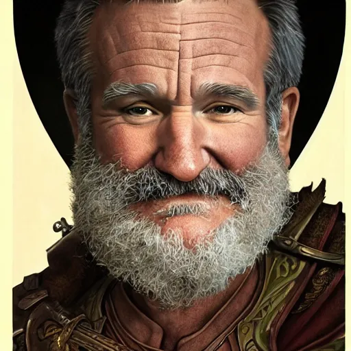 Image similar to an ultradetailed portrait of robin williams dressed as sheogorath, the elder scrolls, fantasy, intricate, elegant, highly detailed, digital painting, matte, sharp focus, illustration, art by john collier and albert aublet and krenz cushart and artem demura and alphonse mucha