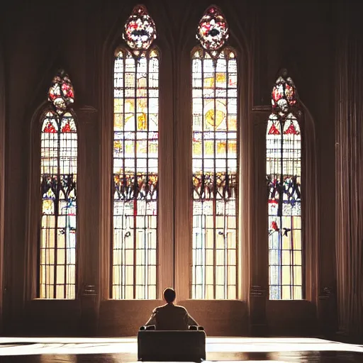 Prompt: man in large throne room of grand cathedral, sitting alone, shadows, fantasy, profile picture