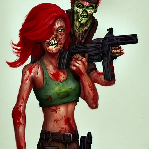 Prompt: a concept art of a boy and a girl with red hair holding a gun, zombie apocalypse, highly detailed, digital painting, artstation, concept art, smooth, sharp focus, illustration