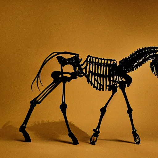 Prompt: an anatomical correct skeleton of a unicorn walking in a black room, photographed by andrew thomas huang