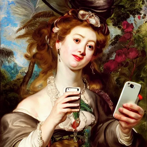 Image similar to heavenly summer sharp land sphere scallop well dressed lady taking a selfie with her iphone auslese, by peter paul rubens and eugene delacroix and karol bak, hyperrealism, digital illustration, fauvist, iphone