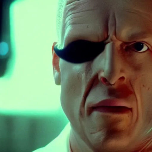 Image similar to movie still of a villain cyborg, facial expression, cinematic composition, cinematic light, surreal cinema, by edgar wright and david lynch,