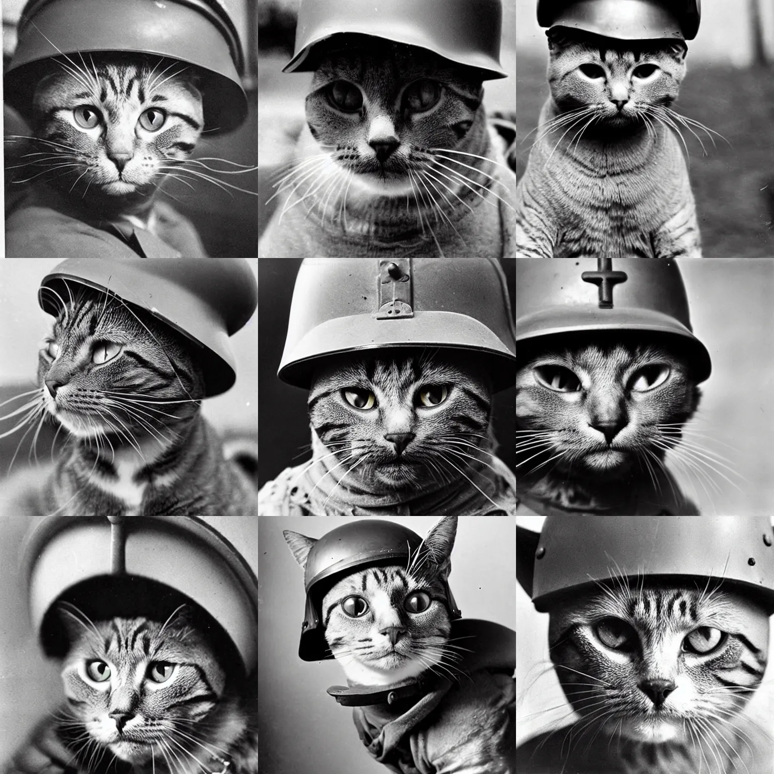 Prompt: Close up of a cat wearing soldier helmet in the battle, WW2 historical photography