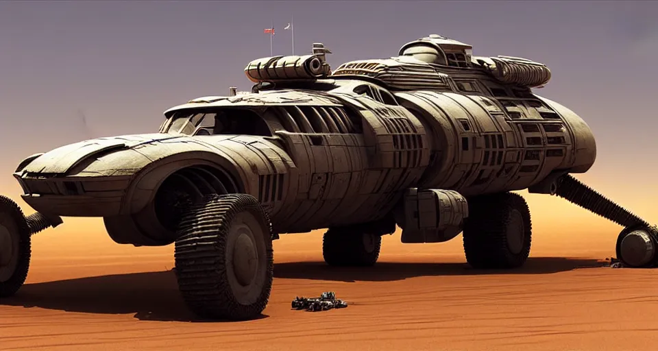 Image similar to highly detailed cinematic syd mead scifi render of 3 d sculpt of fury road spaceship, sparth, scott robertson, guardians of the galaxy, star wars, maschinen krieger, raphael lecoste, no wheels