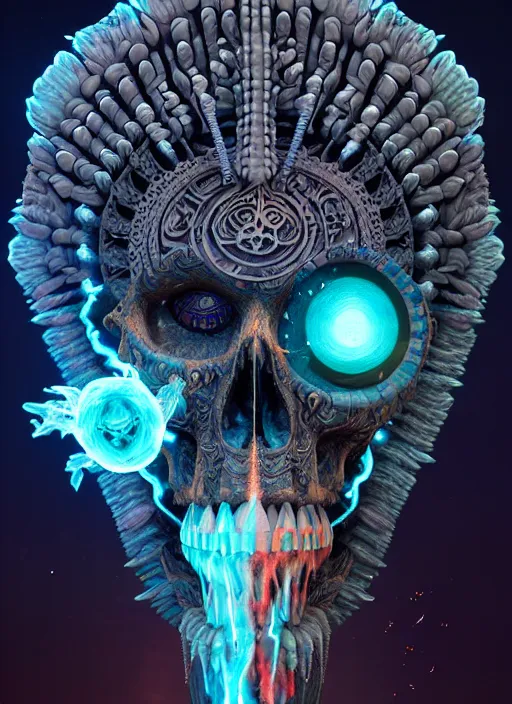 Image similar to 3 d shaman with tattoos profile portrait, sigma 5 0 0 mm f / 5. beautiful intricate highly detailed quetzalcoatl skull and feathers. bioluminescent, plasma, lava, ice, water, wind, creature, thunderstorm! artwork by tooth wu and wlop and beeple and greg rutkowski, 8 k trending on artstation,