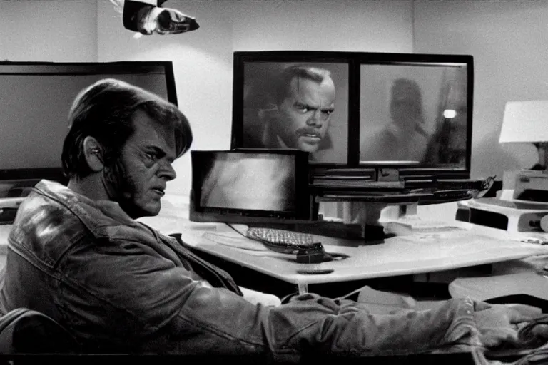 Image similar to Jack Nicholson plays Terminator, scene where he uses computer, still from the film