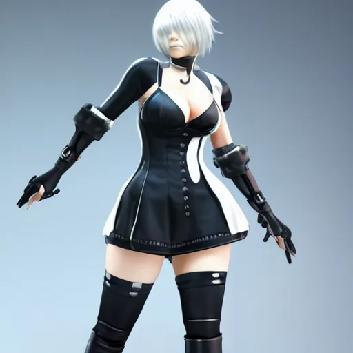 Image similar to 2B from nier automata wearing short clothes with thick thighs and a big chest, 4k, unreal engine render, trending in artstation, artstationHD, artstationHQ