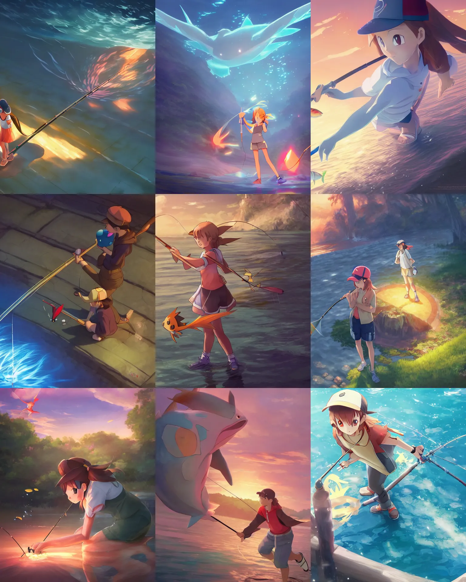 Prompt: a female pokemon trainer fishing for magikarp, full shot, atmospheric lighting, detailed face, by makoto shinkai, stanley artger m lau, wlop, rossdraws, james jean, andrei riabovitchev, marc simonetti, krenz c