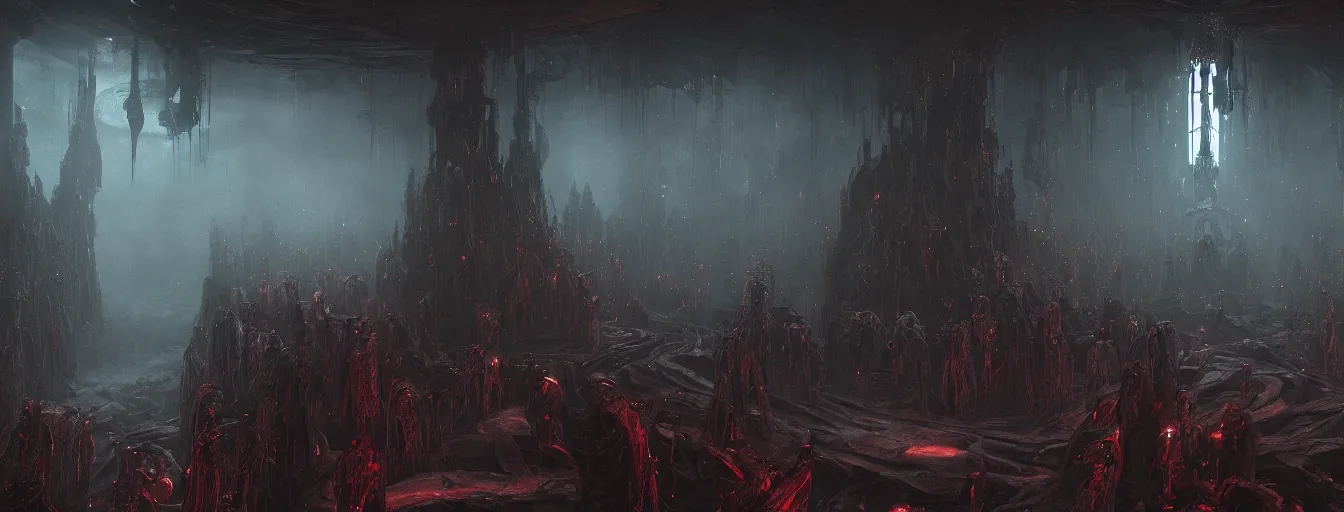 Prompt: dark fantasy biomachanical space ship interior, inside the torture chamber, undead alien guard figures, ethereal, ominous, dramatic cinematic lighting, volumetric 8 k, cryengine, by greg rutkowski, h. r. giger and zdizslaw beksinski, elden ring