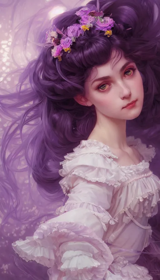 Prompt: portrait of magical lolita girl, dreamy and ethereal, lavender purple eyes, peaceful expression, ornate frilly dress, fantasy, intricate, elegant, rainbow bubbles, highly detailed, digital painting, artstation, concept art, smooth, sharp focus, illustration, art by artgerm and greg rutkowski and alphonse mucha