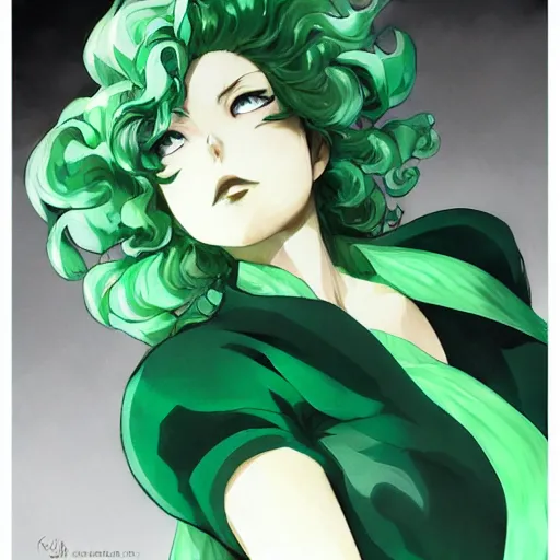 Prompt: tatsumaki from one punch man, green wavy hair, black dress, fine details, sharp focus, intricate, by cushart krenz, by makoto shinkai, by wlop, by artgerm