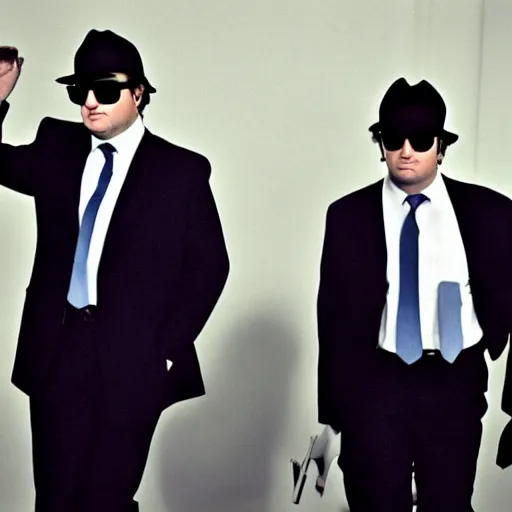 Image similar to blues brothers walking towards camera with white background. wearing suits. strong shadows. high contrast. serious look. carrying a pistol