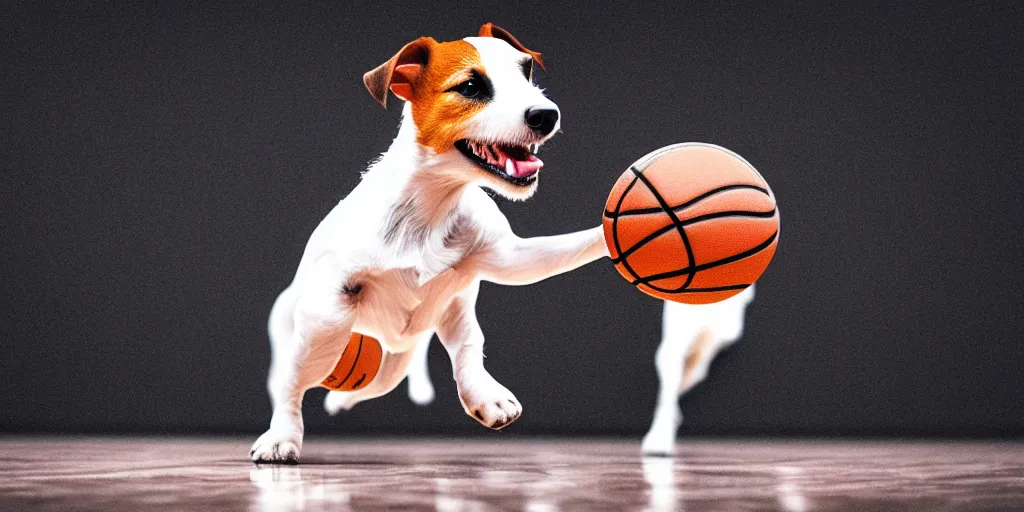 Prompt: a jack russell terrier playing basketball, digital art, cinematic, 4k, very very detailed, high quality