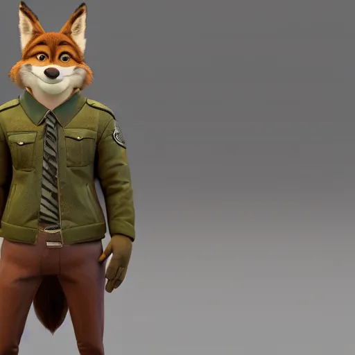 Prompt: portrait, 3d render , anthropomorphic coyote male , wearing along brown leather jacket , in the style of Zootopia