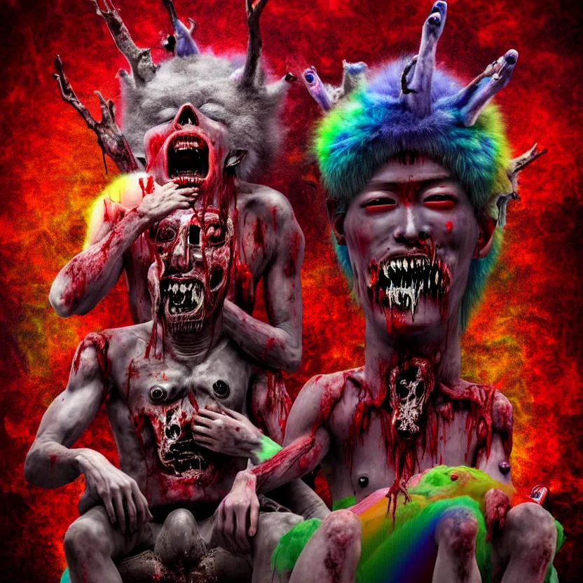 Prompt: a portrait of a beautiful flesh - eating timikawa with rainbow fur eating a screaming man, sitting on chair made of human limbs, the chair is floating in a lake of blood, surrounding the lake are melting trees, digital art, hyperrealistic nightmare scene, supernatural, highly detailed, creepy, terrifying
