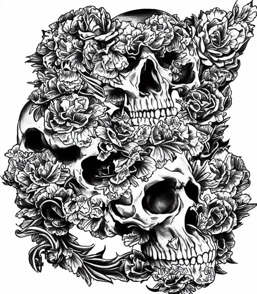 Image similar to highly detailed skull, Japanese ornament, tattoo ink sketch, isolated on white background