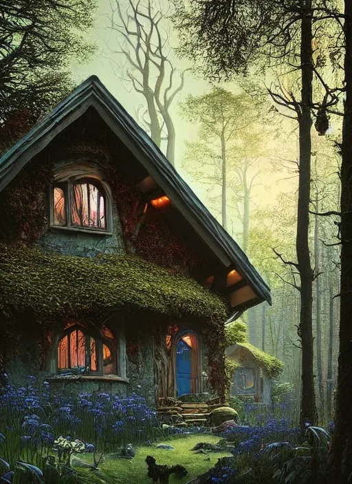 Image similar to hyper realistic homely ornate modern witch cottage far away in the woods gorgeous lighting, blue sky, highly detailed, lush forest by zdzisław beksinski and norman rockwell and greg rutkowskiweta studio, and lucasfilm