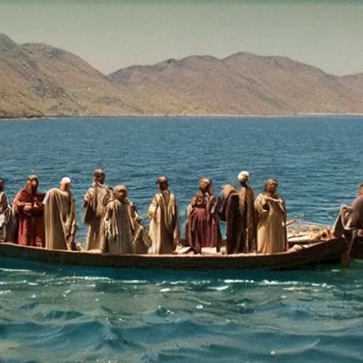 Image similar to Cinematic still of Stunned Men in 1st century clothing standing on a boat, looking in shock at the calm water, peaceful, epic directed by Ridley Scott