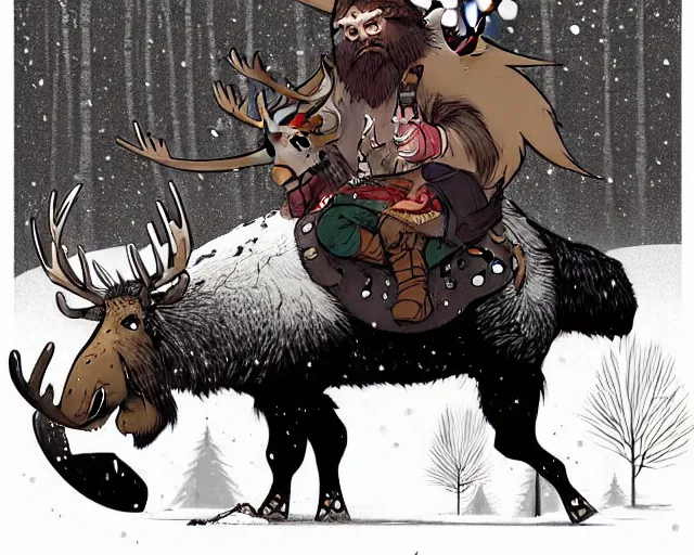 Image similar to cell shaded cartoon of a hairy chebo viking riding a moose, snowy forest, subtle colors, post grunge, concept art by josan gonzales and wlop, by james jean, victo ngai, david rubin, mike mignola, deviantart, art by artgem