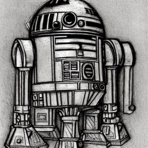 Image similar to a pencil sketch by leonardo davinci of the droid r 2 d 2, machine, sketch, da vinci, old masters, paper,