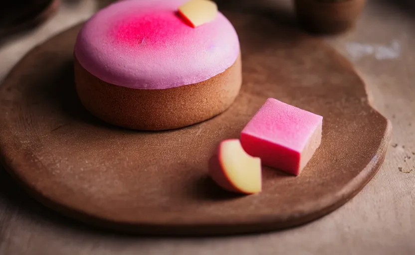 Image similar to A photo of a swedish cake from the side on a wooden table, covered with pink marzipan, some powder sugar and a marzipan leaf. Sunset. 4K. Cinematic lighting. High detail. Realistic. Delicious.