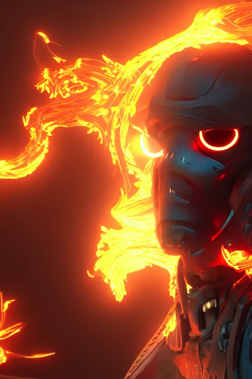 Prompt: Cyberpunk Flame Suit, fantasy, photorealistic, glowing eyes, 4k, cinematic lighting