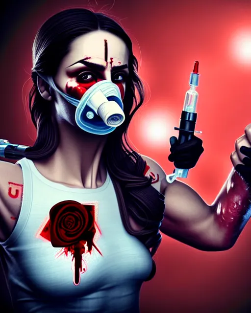 Image similar to a rogue agent wearing oxygen mask, has blood, rose, a pistol and a syringe needle with sea background intricate details with horror side profile by Sandra Chevrier in 8k render dramatic light