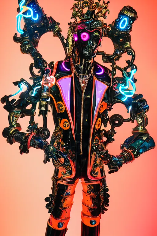 Image similar to full-body neon porcelain bladerunner and baroque style sculpture of a young flirty handsome Spanish prince as a high-fashion half-robot with a porcelain chest opening exposing a battery leaking radioactive liquid and electric sparks, glowing red laser beam eyes, crown of giant sapphires, flowing pink and orange neon-colored silk, luminescent fabrics, mechanical raptors. baroque and steampunk elements. full-length view. baroque element. intricate artwork by caravaggio. Very very very very highly detailed epic photo of face. Trending on artstation, octane render, cinematic lighting from the right, hyper realism, octane render, 8k, depth of field, 3D