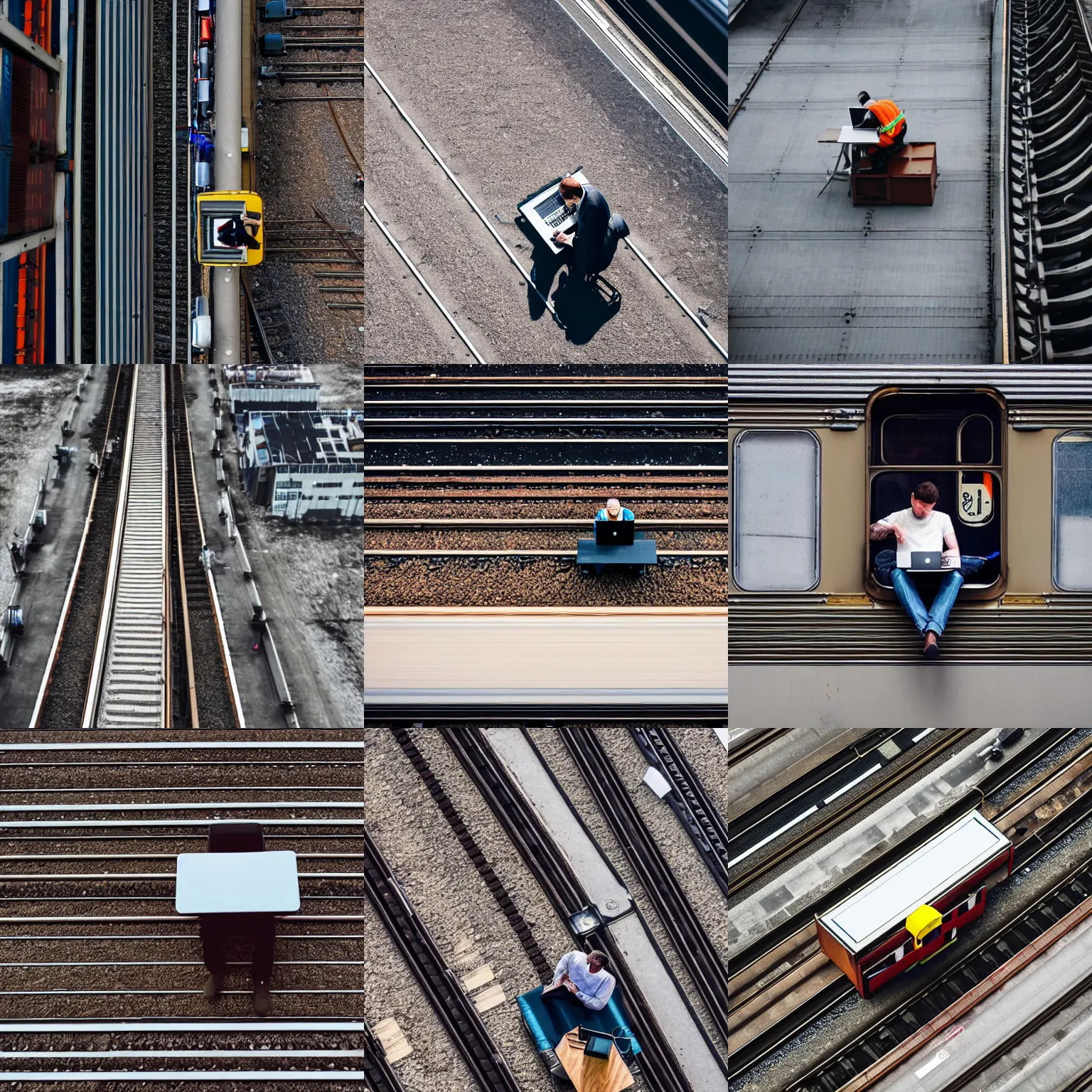 Prompt: a man sitting on top of a moving train working on his laptop, high shutter speed taken from above, wide angle
