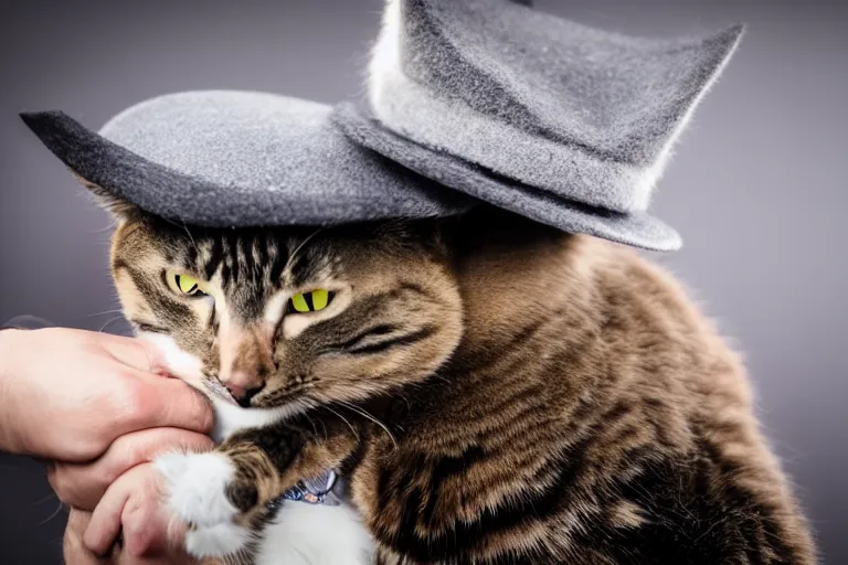 Image similar to a photo of a guy grabbing a cat with a funny hat, 4k