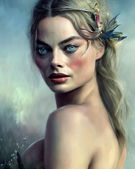 Image similar to margot robbie as a fairy, hyper realistic face, beautiful eyes, fantasy art, in the style of greg rutkowski